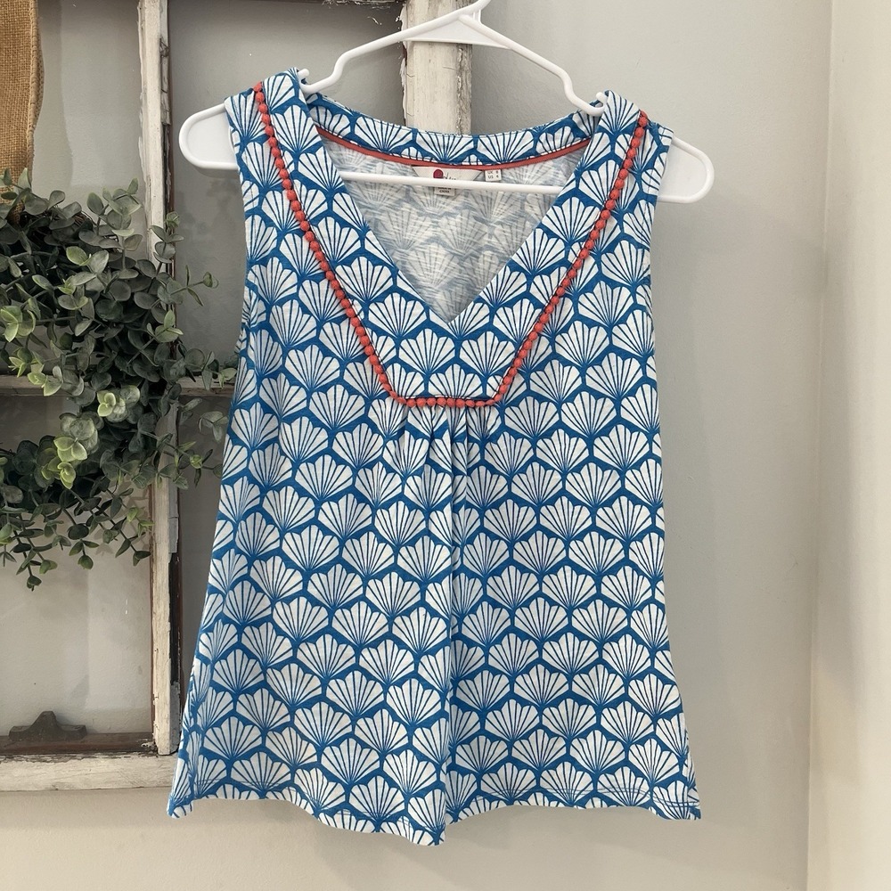 Boden Tarifa Jersey Sleeveless Top Blue White Seashell Print Coral Trim Sz 4 - Picture 2 of 6